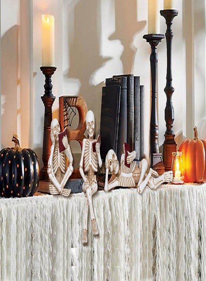 Dawbun 3 Piece Halloween Indoor Decor Figurines Sitting Skeleton Statue Halloween Decorations mini Reading Skull Figurine Home Decor for Living Room Table Shelf Ornament - Image 5